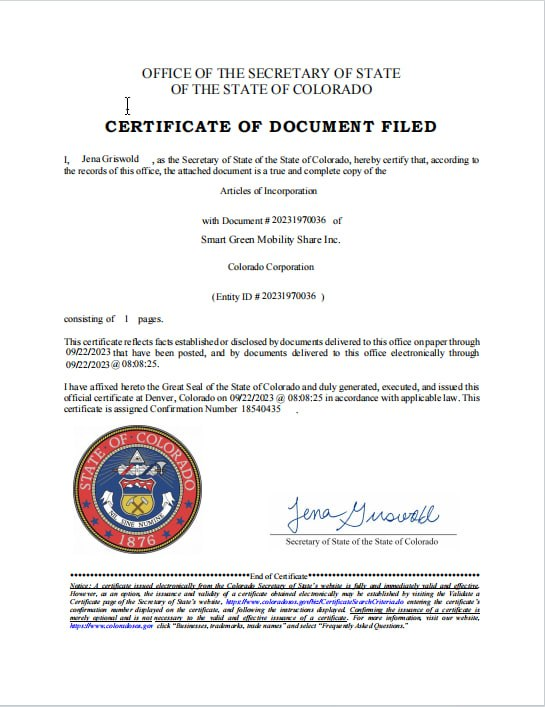 Certificate of Document Filed